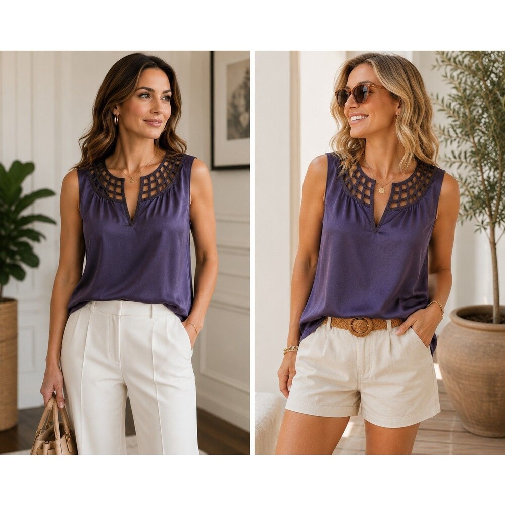 Saks Fifth Avenue Purple Silky Satin Sleeveless Blouse Women's Top L
